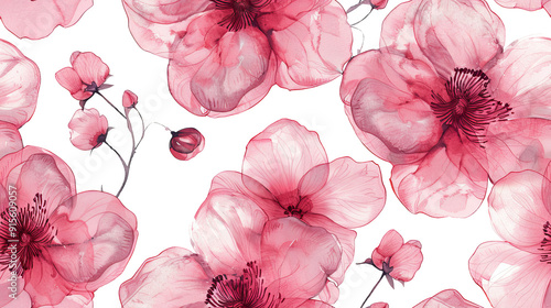 Fototapeta Naklejka Na Ścianę i Meble -  Pink watercolor flowers with buds seamless pattern transparent background