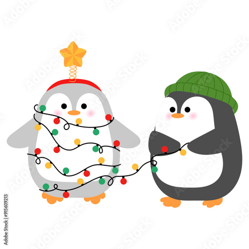 cute penguin is traying to decoration its friends with christmas light and star headband illustrations 