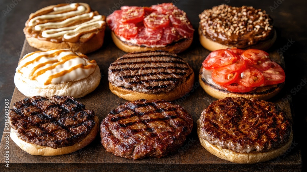 burgers featuring grilled meat and a variety of toppings burgers featuring grilled meat and a variety of toppings