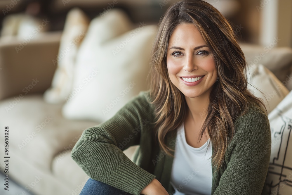 Young Beautiful Woman Sitting on Carpeted Floor: Smiling at Camera in Green Cardigan and Jeans, Minimalist Living Room with Natural Light Young Beautiful Woman Sitting on Carpeted Floor: Smiling at Camera in Green Cardigan and Jeans, Minimalist Living Room with Natural Light