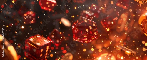 Red dice and casino chips flying on dark background with golden sparkles, banner for online gambling website design, black color scheme, high resolution, 