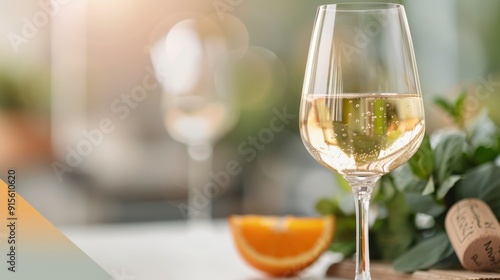A Glass of White Wine With Fresh Oranges Against a Soft, Blurry Background