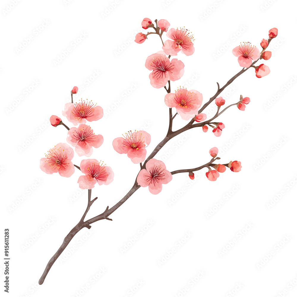 Watercolor Painting of Red Cherry Blossom Branch with Buds and Flowers Watercolor Painting of Red Cherry Blossom Branch with Buds and Flowers