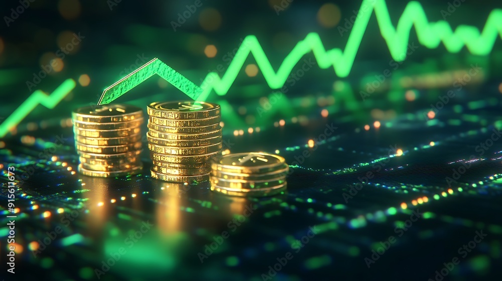 Green Arrow Curving Upwards Around Stack of Golden Coins Symbolizing Growth Green Arrow Curving Upwards Around Stack of Golden Coins Symbolizing Growth