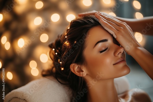Relaxing spa treatment for woman with glowing lights in a serene setting