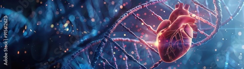 Heart surrounded by DNA strands, Biotech genetics, Connection between genetics and cardiovascular health