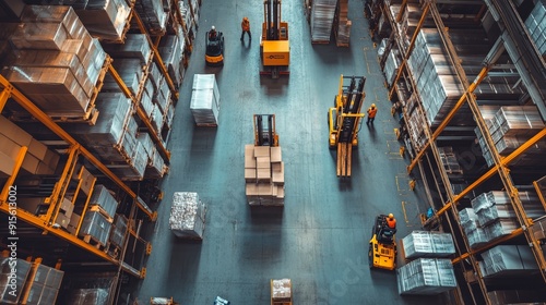 Warehouse aerial view with workers and forklifts moving boxes on pallets, showcasing industrial logistics and storage efficiency. photo