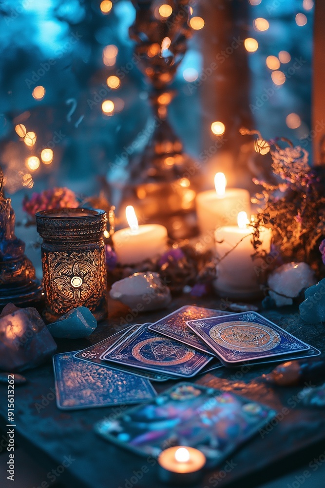 A mystical tarot reading setup with candles, crystals, and spiritual artifacts in a dimly lit, enchanted space. A mystical tarot reading setup with candles, crystals, and spiritual artifacts in a dimly lit, enchanted space.