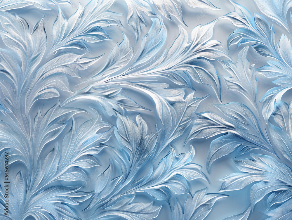 Intricate frost patterns on a smooth surface showcasing delicate blue and white leaf designs Intricate frost patterns on a smooth surface showcasing delicate blue and white leaf designs