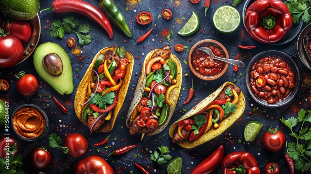 Street Food Vibes: Illustrate a vibrant background with elements of popular street food, such as tacos, skewers, and sauces, creating a lively and energetic atmosphere. Street Food Vibes: Illustrate a vibrant background with elements of popular street food, such as tacos, skewers, and sauces, creating a lively and energetic atmosphere.