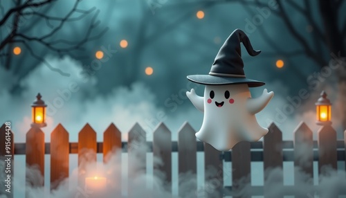 the adorable 3d cartoon ghost donned in a classic black witchs hat levitates near a wooden fence surrounded by flickering lanterns and ghostly fog creating a charmingly spoo photo