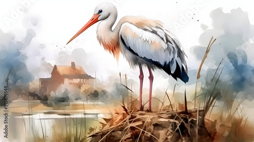 Stork in nature Watercolor Style