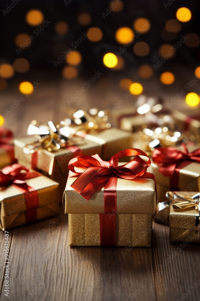 Luxurious gift boxes with golden and red ribbons, perfect for festive occasions. Luxurious gift boxes with golden and red ribbons, perfect for festive occasions.
