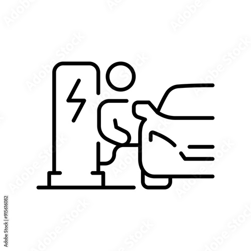 Man charging car icon. Simple outline style. Electric vehicle, charge, station, ev, eco, green energy, environment, technology concept. Thin line symbol. Vector illustration isolated.