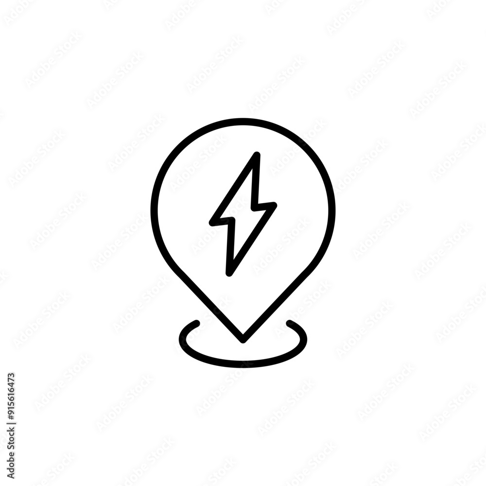 Electric station pin icon. Simple outline style. Map pin with lightning, charge point, station, electric vehicle, technology concept. Thin line symbol. Vector illustration isolated. Electric station pin icon. Simple outline style. Map pin with lightning, charge point, station, electric vehicle, technology concept. Thin line symbol. Vector illustration isolated.
