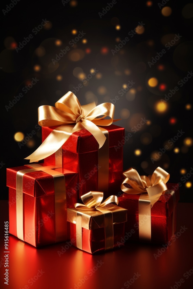 Luxurious gift boxes with golden and red ribbons, perfect for festive occasions. Luxurious gift boxes with golden and red ribbons, perfect for festive occasions.