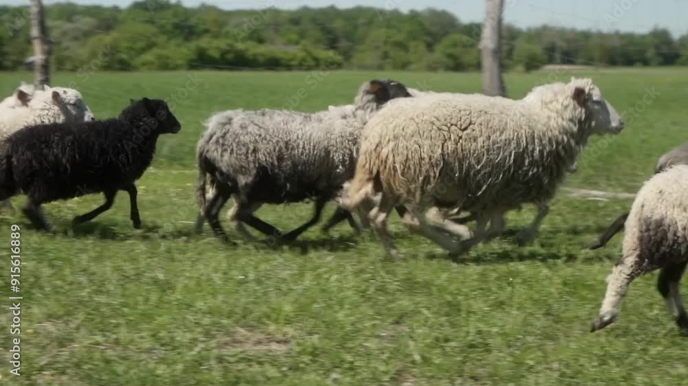 An alarmed herd of black and white sheep is vigorously running to another place in a rural pasture. Village sheep with tags on their ears graze in a meadow. Animal husbandry in agriculture. An alarmed herd of black and white sheep is vigorously running to another place in a rural pasture. Village sheep with tags on their ears graze in a meadow. Animal husbandry in agriculture.