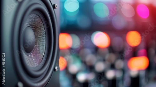 Close-Up of a Speaker With Colorful Bokeh Lights in a Music Studio
