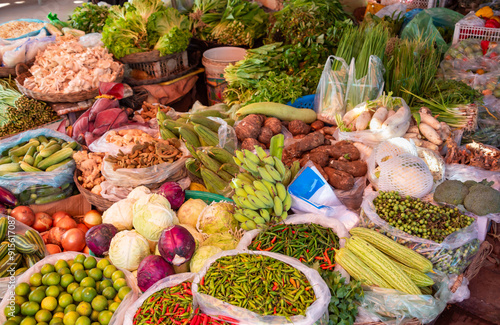 Fototapeta Naklejka Na Ścianę i Meble -  Tropical fruits and vegetables on local street market in Cambodia