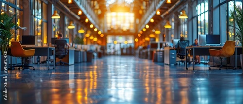 Blurred background of a modern office space with people working.