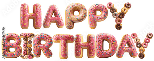Happy birthday 3D donut alphabet  isolated on transparent background