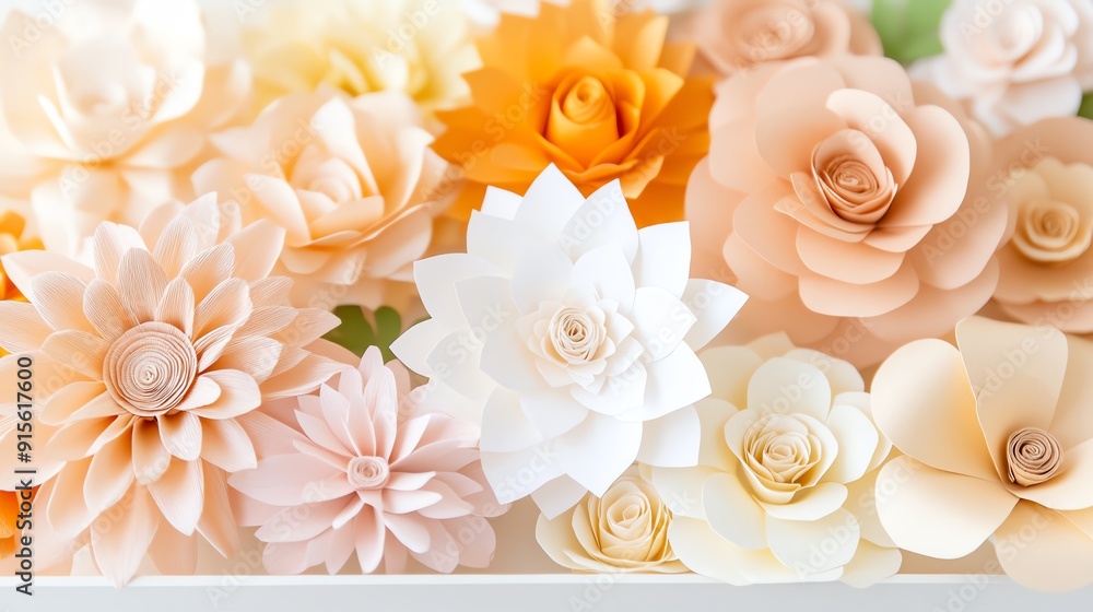 A beautiful arrangement of delicate paper flowers in pastel colors, perfect for decorations or crafts. A beautiful arrangement of delicate paper flowers in pastel colors, perfect for decorations or crafts.