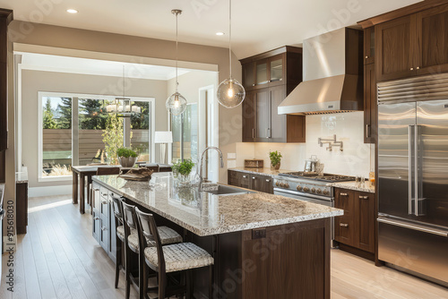 Stunning modern kitchen featuring stainless steel appliances, a large island with granite countertop, and pendant lighting overlooking the dining area. photo