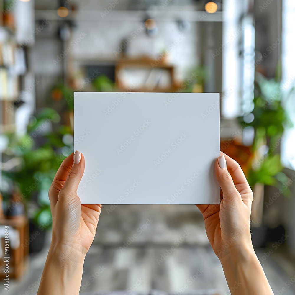 A person holding a blank piece of paper with a blurred home office background, suitable for mockups and creative design presentations, Can be used for promotional materials or personalized messages, A person holding a blank piece of paper with a blurred home office background, suitable for mockups and creative design presentations, Can be used for promotional materials or personalized messages,