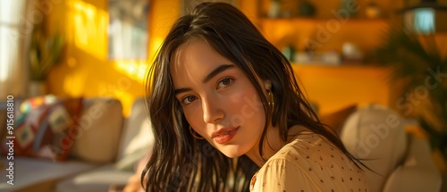 A woman with long dark hair is sitting in a sunlit, cozy living room with yellow walls, offering a serene and reflective expression, Ideal for promoting lifestyle, relaxation, and home decor content, photo