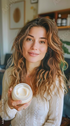 Wallpaper Mural A woman with wavy hair holds a jar of skincare cream, smiling at the camera indoors, Ideal for beauty, skincare, and wellness content, Suitable for advertisements, blogs, and product promotions, Torontodigital.ca