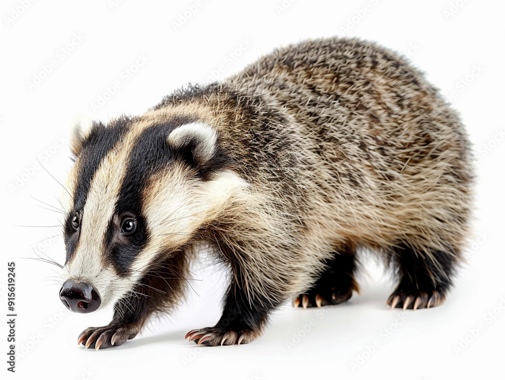 A badger walks cautiously on a white background in a close-up view A badger walks cautiously on a white background in a close-up view