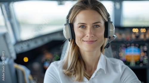 Female Pilot Smiling in Cockpit During Flight Preparation at Sunrise