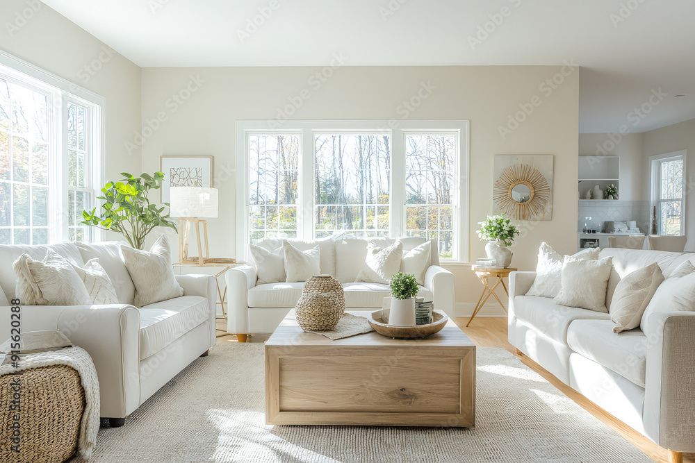 Experience serenity in this bright, airy living room with fresh decor, plush white seating, natural light and modern touches perfect for open house Experience serenity in this bright, airy living room with fresh decor, plush white seating, natural light and modern touches perfect for open house