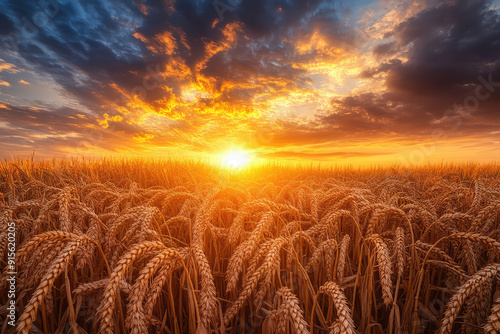 Sunset over a golden wheat field, the sky alive with vibrant hues of orange and blue, capturing nature’s breathtaking beauty and serenity. photo