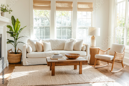 Bright and inviting living room with white couch, wooden coffee table, greenery, and natural light radiating through large windows. photo