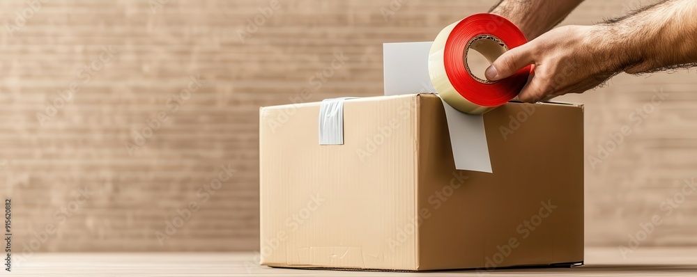 Fototapeta premium Cardboard moving boxes being sealed with packing tape, shipping labels in view, final stage of preparation
