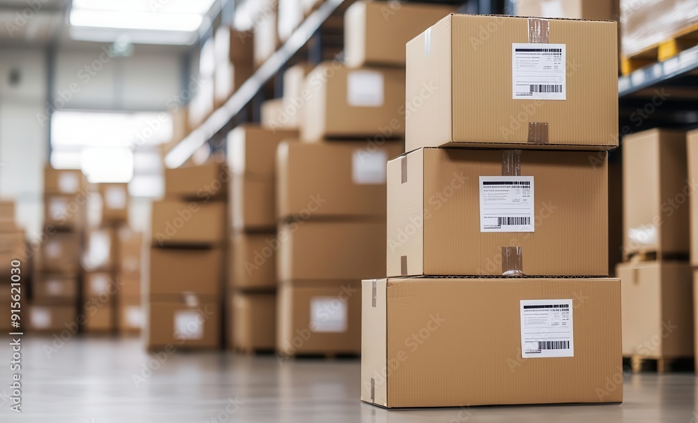 Stacked moving boxes with shipping labels, ready for pickup in an organized warehouse, efficient logistics Stacked moving boxes with shipping labels, ready for pickup in an organized warehouse, efficient logistics