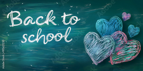 Back to school. Beautiful multicolored hearts are chalked on a green blackboard and a phrase is written photo