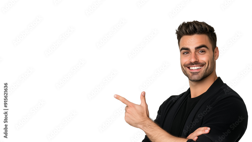 Man smiling and pointing at copy space on side,isolated on white background,web banner. Man smiling and pointing at copy space on side,isolated on white background,web banner.