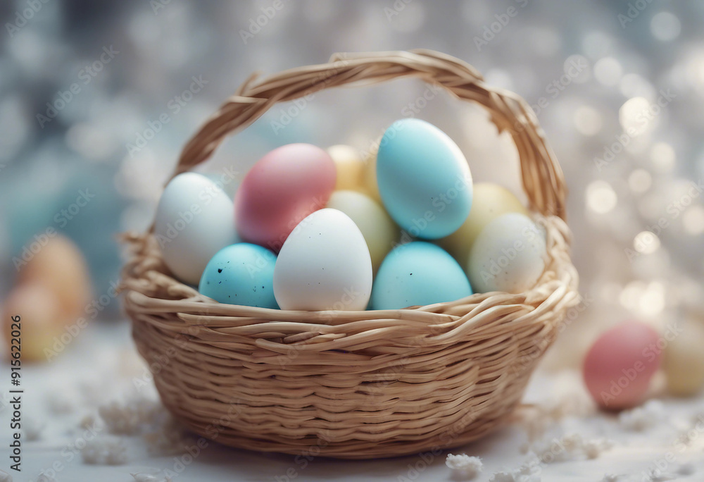 Colorful white easter eggs in basket on background Colorful white easter eggs in basket on background