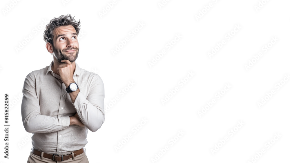 Man thinking while looking up,doubtful and hesitant,isolated on white background,web banner. Man thinking while looking up,doubtful and hesitant,isolated on white background,web banner.