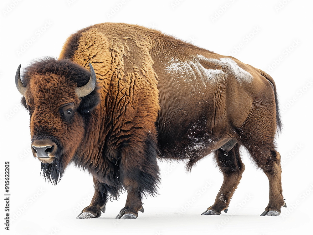 Bison standing on a white background with snow on its back in a studio setting