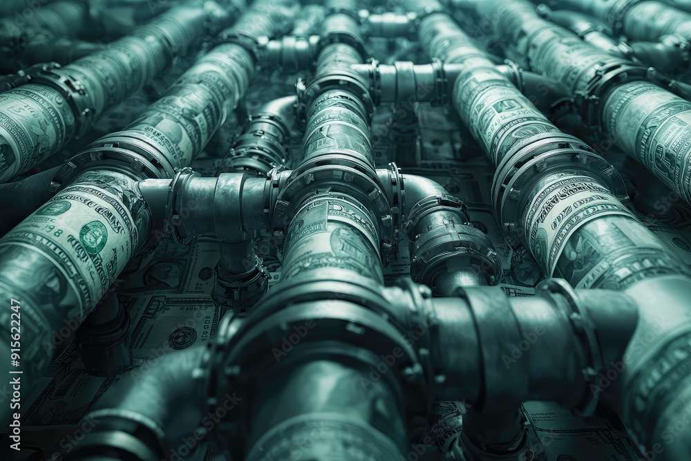 A mesmerizing visualization of money literally flowing through industrial pipes, illustrating the intricate movement of financial resources. A mesmerizing visualization of money literally flowing through industrial pipes, illustrating the intricate movement of financial resources.
