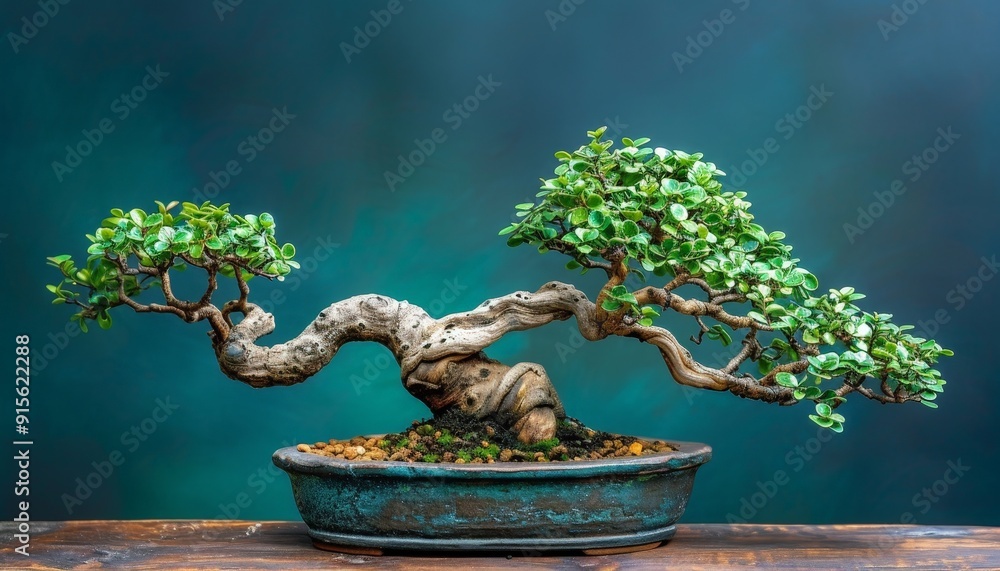 Bonsai with delicate foliage and a twisted trunk, set against a simple gradient backdrop Bonsai with delicate foliage and a twisted trunk, set against a simple gradient backdrop