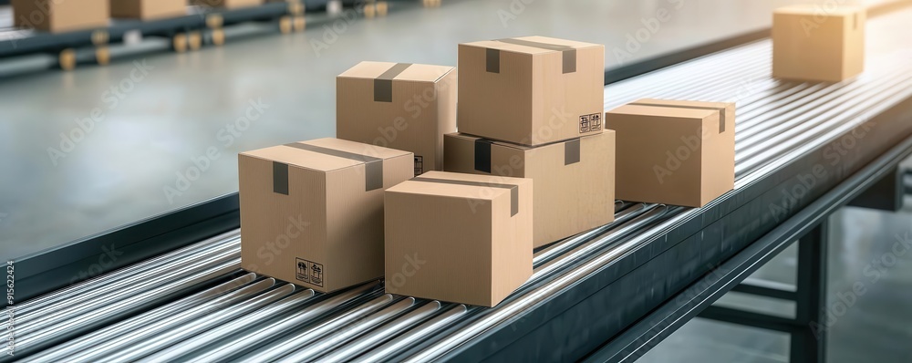 Labeled moving boxes stacked on a conveyor belt, heading toward a shipping area, representing an automated shipping process Labeled moving boxes stacked on a conveyor belt, heading toward a shipping area, representing an automated shipping process