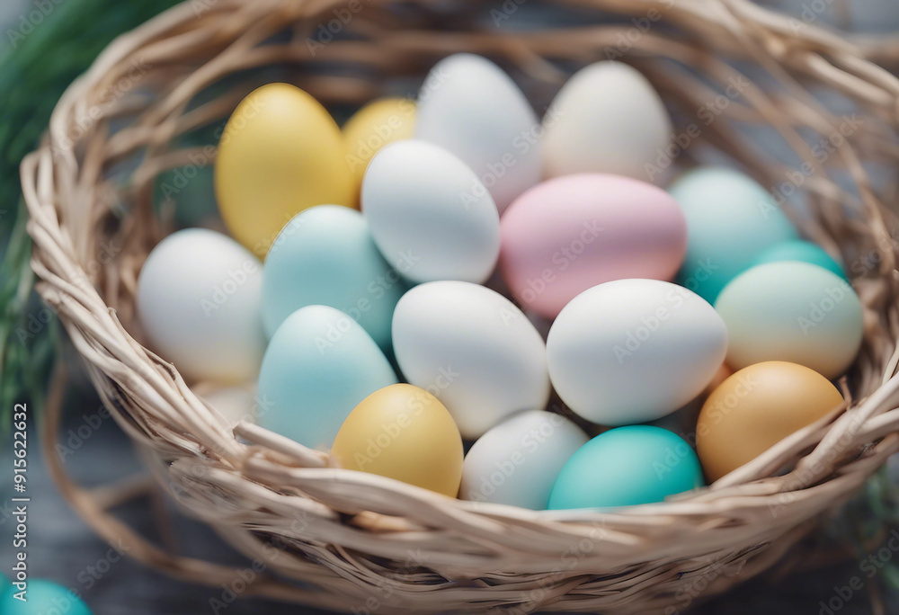 Colorful white easter eggs in basket on background Colorful white easter eggs in basket on background