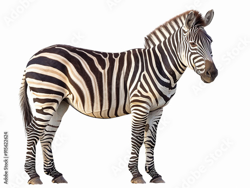 A zebra stands gracefully on a white background, showcasing its striking black and white stripes during a calm moment