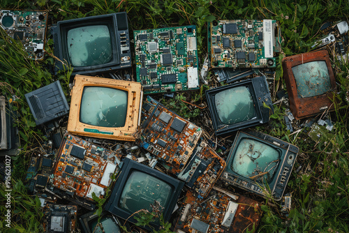 Discarded circuit boards and old monitors lie abandoned in a field, evoking a haunting scene of technological waste and environmental neglect. photo