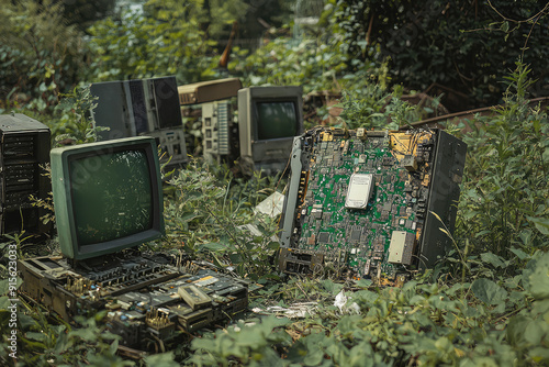 An eerie scene of an electronics graveyard where rusted circuits, outdated monitors, and computer towers lie abandoned and overtaken by nature's reclaim. photo