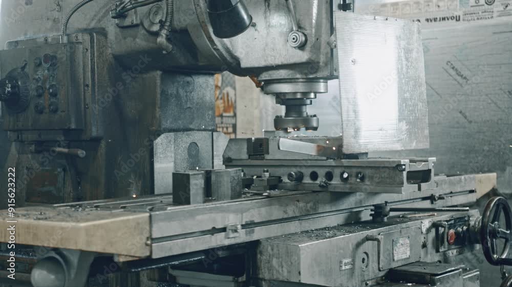 Close-up of an industrial cnc milling machine precisely machining metal components in a workshop. Detailed mechanical movements showcase the metalwork process Close-up of an industrial cnc milling machine precisely machining metal components in a workshop. Detailed mechanical movements showcase the metalwork process